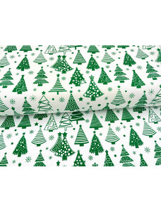 Mirtex Plátno DOMESTINO 120/ 22042-3 Vánoční stromky zelené na bílé - 160cm / METRÁŽ NA MÍRU