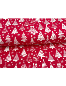 Mirtex Plátno DOMESTINO 120/ 22041-1 Vánoční stromky bílé na červené - 160cm zbytková metráž