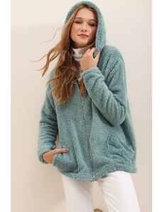 Trend Alaçatı Stili Women's Mint Hooded Zippered Front Double Pocket Oversized Plush Sweatshirt