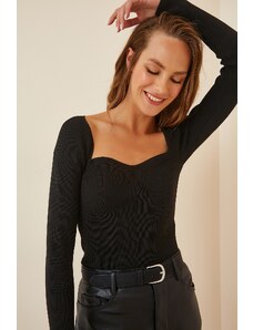 Happiness İstanbul Women's Black Heart Neck Ribbed Knitwear Sweater