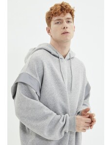 Trendyol Gray Oversize/Wide-Fit Hooded Reflective Detail Fleece Inside Sweatshirt