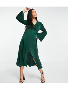 ASOS Maternity ASOS DESIGN Maternity satin wrap midi dress with flared cuff and tie detail in forest green