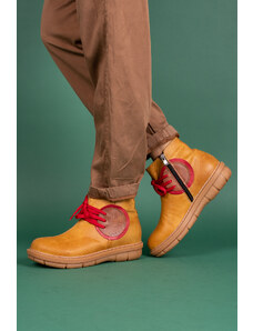 Letizia Dámské žluté kožené kotníčkové boty s červenou tkaničkou