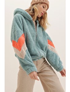 Trend Alaçatı Stili Women's Mint Hoodie with Zippered Sleeves Color Block Oversized Plush Sweatshirt