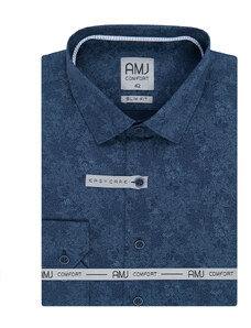AMJ Pánská košile AMJ bavlněná, modrá květovaná VDSBR1221, dlouhý rukáv, slim fit