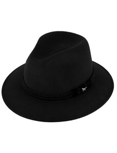 Zimní myslivecký klobouk od Fiebig - černý s koženou stuhou a ozdobou ve tvaru loveckého psa