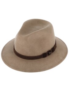 Zimní myslivecký klobouk od Fiebig - béžový s koženou stuhou a ozdobou ve tvaru loveckého psa
