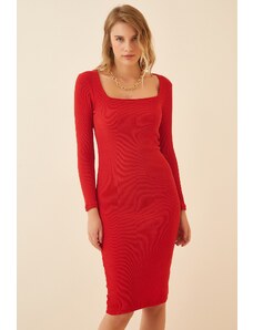 Happiness İstanbul Women's Red Square Neck Ribbed Knitted Dress