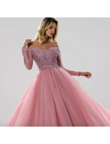 Donna Bridal elegantní večerní krajkové šaty s dlouhým rukávem a výstřihem do V