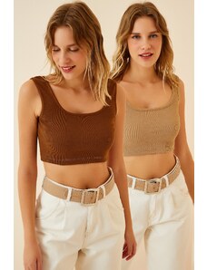Happiness İstanbul Women's Brown Biscuit Strapless Crop Two-Pack Knitted Blouse