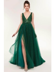 Donna Bridal večerní, krásné a sexy společenské šaty s rozparkem a výstřihem do V
