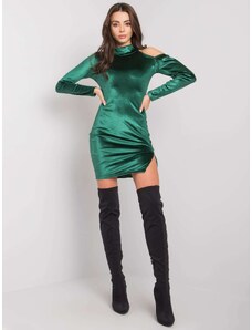 Fashionhunters RUE PARIS Tmavě zelené velurové šaty s rozparkem