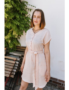 Šaty Greta z dvojité gázoviny růžové s vyšívanými puntíky