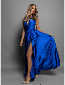 Erikafashion Královsky modré lesklé šaty VALERDI s variabilním vázáním a rozparkem