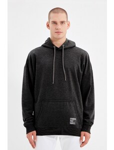 Trendyol Men's Basic Smoky Oversize/Wide-Fit Hooded Labeled Fleece Inner Cotton Sweatshirt