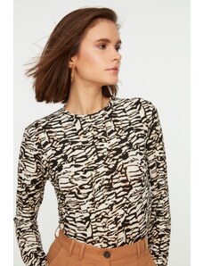 Trendyol Brown Patterned Fitted Crew Neck Crop Stretch Knitted Blouse