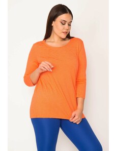 Şans Women's Large Size Orange Thin Striped Blouse with Elastic Hem