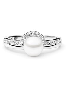 4U Stříbrný prsten s pravou přírodní perlou a zirkony
