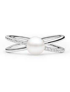 4U Stříbrný prsten s pravou přírodní perlou a čirými zirkony