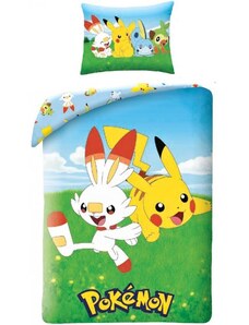 Halantex Bavlněné ložní povlečení Pokémoni - motiv Scorbunny a Pikachu - 100% bavlna - 70 x 90 cm + 140 x 200 cm