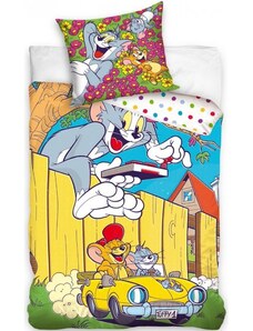 Carbotex Bavlněné ložní povlečení Tom a Jerry ve žlutém kabrioletu - 100% bavlna Renforcé - 70 x 90 cm + 140 x 200 cm