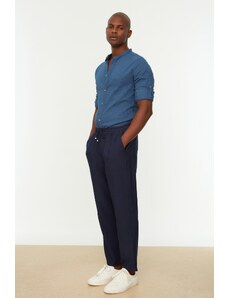 Trendyol Navy Blue Tapered Elastic Waist Linen Look Trousers