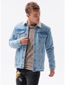 Ombre Clothing Pánská džínová bunda se šerpou - světle modrá V2 OM-JADJ-0125