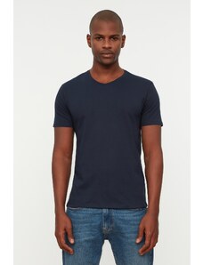 Trendyol Námořnická modrá Štíhlý/úzký střih Do V 100% bavlna Základní tričko