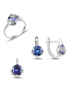 Klenoty Amber Luxusní sada s barevnými zirkony - prsten, náušnice a přívěsek - tmavě modrá