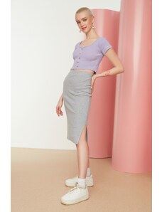 Trendyol Gray Knitted Elastic Midi Skirt with a Slit Detail and Fitted High Waist