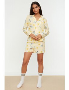 Trendyol Yellow Rabbit Pattern Viscose Shirt-Shorts Woven Pajamas Set