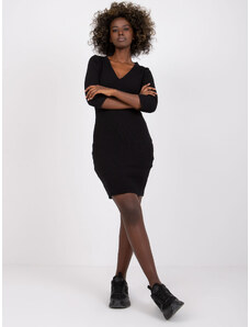 RUE PARIS Černé žebrované basic šaty Esra s výstřihem do V -black Černá