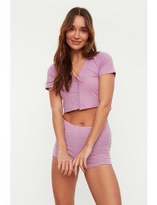 Trendyol Lilac Corded Crop T-shirt-Shorts Knitted Pajama Set