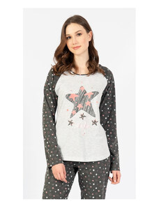 Vienetta Secret Dámské pyžamo dlouhé Hvězda, barva světle šedá, 70% bavlna 30% polyester