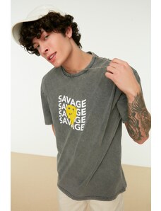 Trendyol Anthracite Relaxed/Comfortable Cut Faded Effect Text Printed 100% Cotton T-Shirt