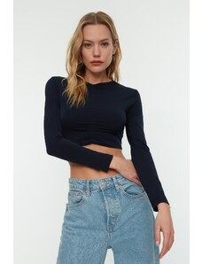 Trendyol Navy Blue Slim Gathered Detailed Crop Stretchy Knitted Blouse