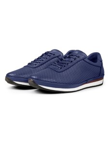 Ducavelli Pointed Genuine Leather Men's Casual Shoes, Genuine Leather Summer Shoes, Perforated Shoes Navy Blue