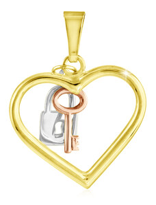 GEMMAX Jewelry Zlatý tříbarevný přívěsek Srdce se zámkem a klíčem GLPCN-29381