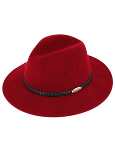 Červený klobouk fedora plstěný - červený s koženým pleteným páskem - Fiebig