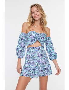 Trendyol Blue Floral Patterned Viscose Beach Two-Piece Suit