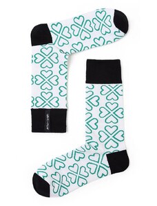 Love+Fun Ponožky bílo-černé se zelenýmimotivy čtyřlístků Lucky