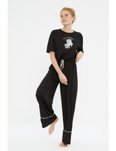 Trendyol Black Cotton Printed T-shirt-Pants Knitted Pajama Set