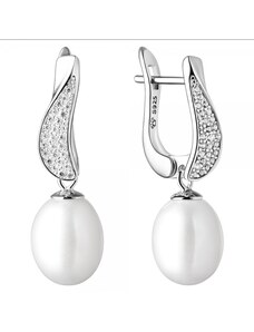 Gaura Pearls Stříbrné náušnice s bílou perlou a zirkony Juana, stříbro 925/1000