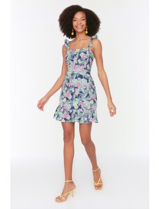 Trendyol Navy Blue Fitted Woven Strappy Floral Mini Woven Dress