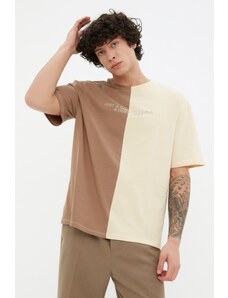Trendyol hnědé oversize barevné bloky 100% bavlna vyšívané tričko