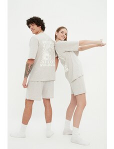 Trendyol Gray Unisex 100% Cotton Motto Printed T-shirt-Shorts Knitted Pajamas Set
