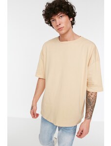 Trendyol Beige Basic 100% Cotton Crew Neck Oversize/Wide Fit Short Sleeve T-Shirt