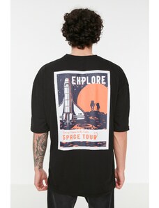 Trendyol Black Men's Oversize/Wide Cut Crew Neck Short Sleeve Space Print 100% Cotton T-Shirt.