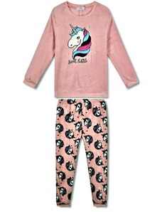 KUGO-Dívčí plyšové pyžamo Jednorožec s duhovou hřívou starorůžové