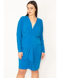 Şans Women's Plus Size Saxe Blue Chest And Waist Detailed Dress